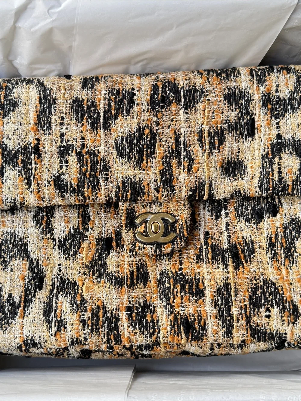 CHANEL Tweed Mixed Fibers Leopard Print Souplissimo Maxi Flap NWT